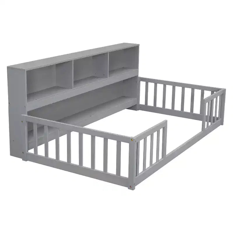 Lit jumeau superposé avec bibliothèque, étagères et barrières de sécurité, gris