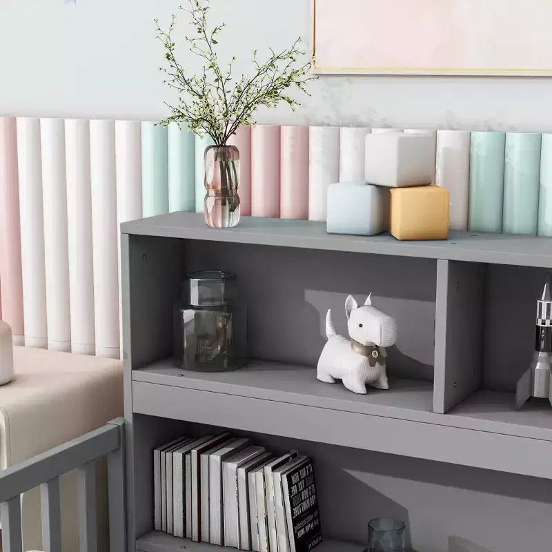 Lit jumeau superposé avec bibliothèque, étagères et barrières de sécurité, gris