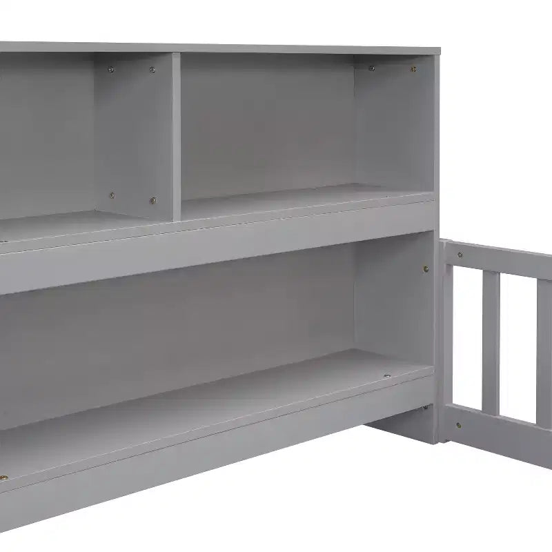 Lit jumeau superposé avec bibliothèque, étagères et barrières de sécurité, gris