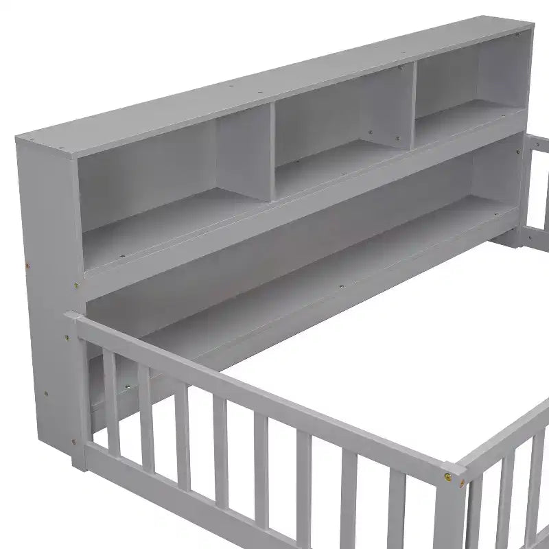 Lit jumeau superposé avec bibliothèque, étagères et barrières de sécurité, gris