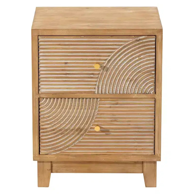 COZAYH Farmhouse 2 Drawer Nightstand with Handcrafted Wood Ring Pattern, Mid-Century Boho Night Stand for Home Bedrooms, Natural Wood