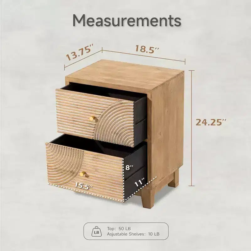 Table de chevet de ferme à 2 tiroirs avec motif d'anneaux en bois faits à la main