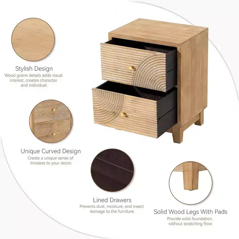 Table de chevet de ferme à 2 tiroirs avec motif d'anneaux en bois faits à la main