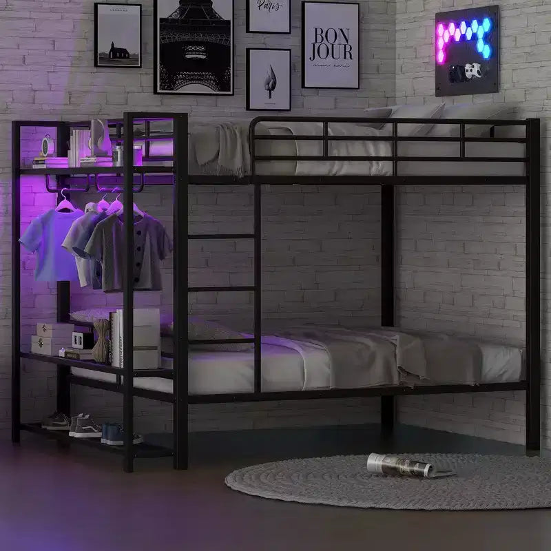 Lit superposé en métal pleine taille avec bandes lumineuses LED 7 couleurs