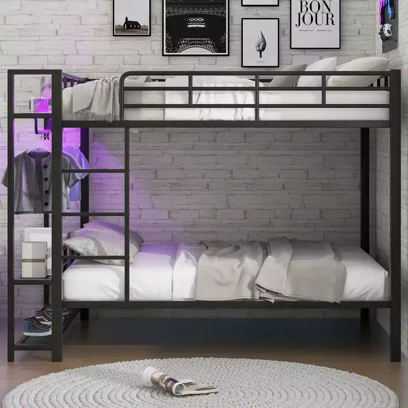 Whisen Full Size Metal Bunk Bed with LED Light Strips (7 Colors), Open Storage Shelves & Hooks