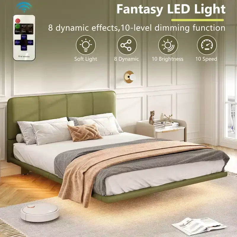 Lit Plateforme Flottant Grand Format avec Lumières LED, Cuir PU, Construction Robuste et Esthétique Moderne