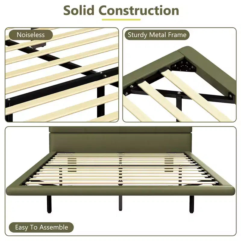 Lit Plateforme Flottant Grand Format avec Lumières LED, Cuir PU, Construction Robuste et Esthétique Moderne