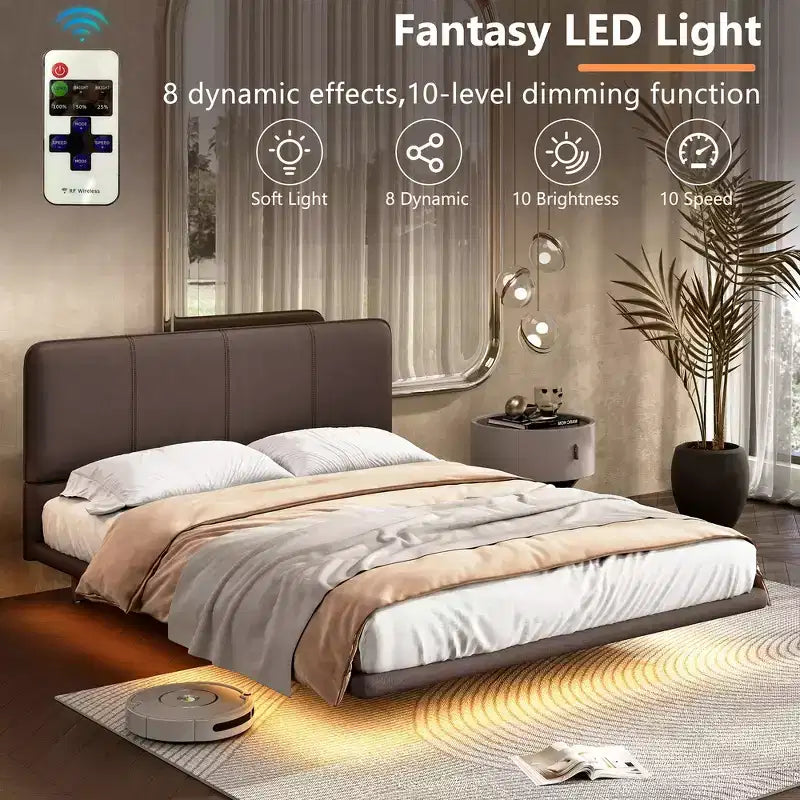 Lit Plateforme Flottant Grand Format avec Lumières LED, Cuir PU, Construction Robuste et Esthétique Moderne