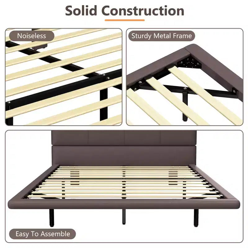 Lit Plateforme Flottant Grand Format avec Lumières LED, Cuir PU, Construction Robuste et Esthétique Moderne