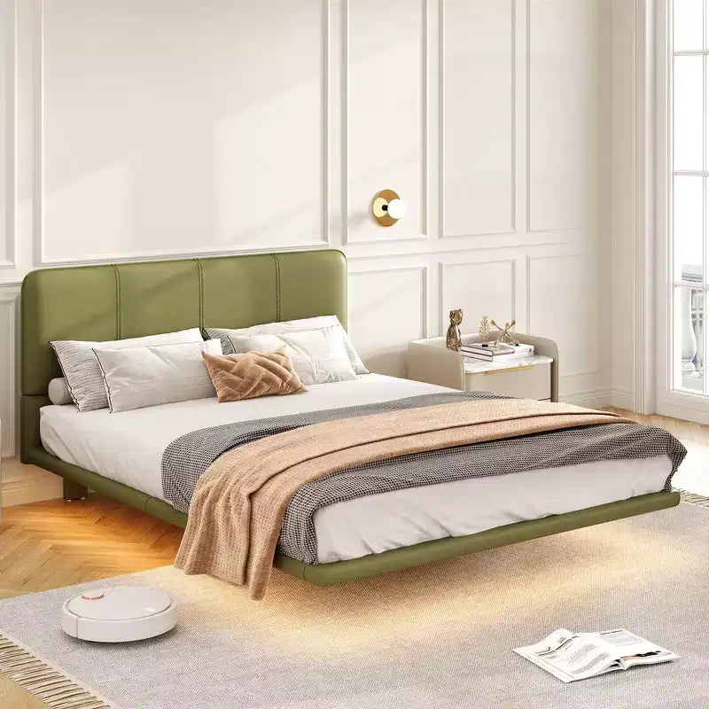 Lit Plateforme Flottant Grand Format avec Lumières LED, Cuir PU, Construction Robuste et Esthétique Moderne