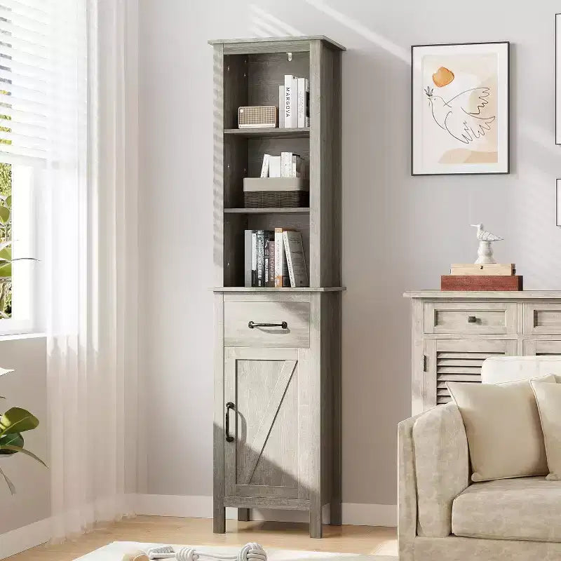 Narrow Storage Cabinet, Tall Bathroom Cabinet with Door and Drawer,Farmhouse Storage Cabinets for Bathrooms,Grey