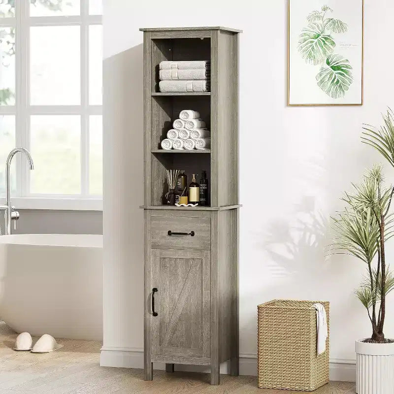 Meuble de Rangement Étroit, Colonne de Salle de Bain Haute avec Porte et Tiroir