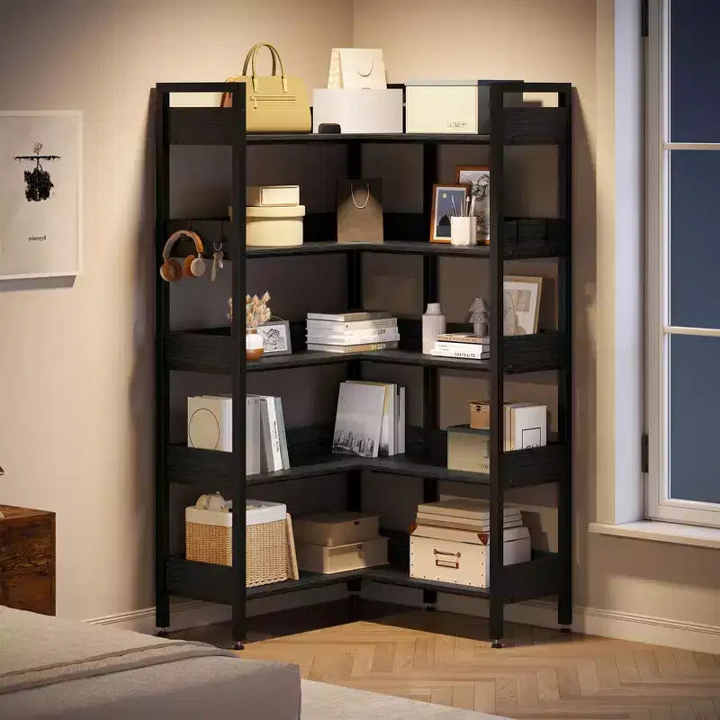 Étagère de rangement et de présentation en L, bibliothèque d'angle convertible à 5 niveaux