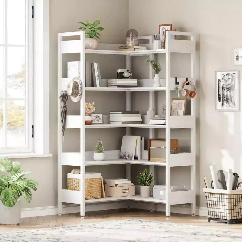Étagère de rangement et de présentation en L, bibliothèque d'angle convertible à 5 niveaux