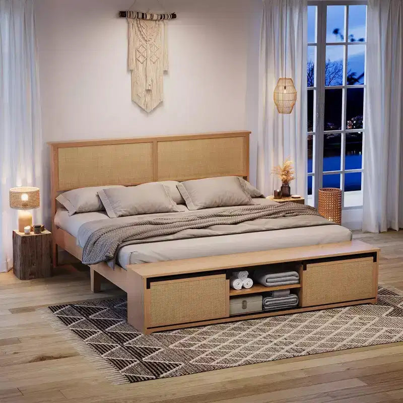 GustoWave Natural Rattan Bed Frame, with Sliding Barn Door Storage Cabinets