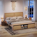 GustoWave Natural Rattan Bed Frame, with Sliding Barn Door Storage Cabinets