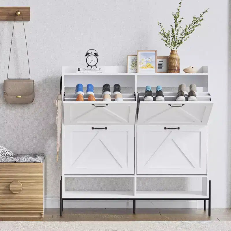 48.4 White Shoe Cabinet with 4 Flip Drawers, Large Capacity Entryway Storage with Metal Legs, Anti-Tip Modern Shoe Organizer