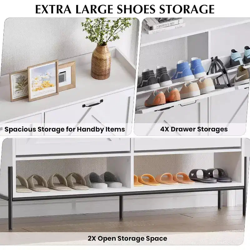 Meuble à chaussures blanc avec 4 tiroirs basculants, Rangement d'entrée grande capacité