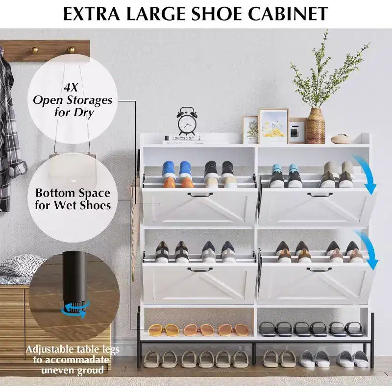 Meuble à chaussures blanc avec 4 tiroirs basculants, Rangement d'entrée grande capacité
