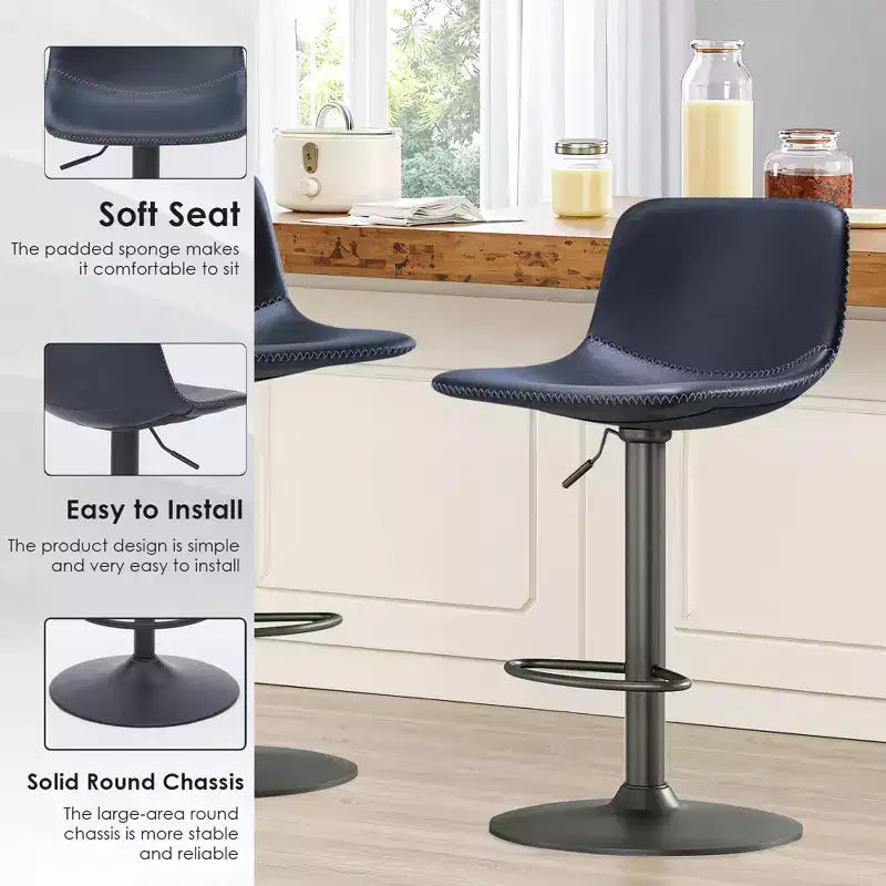 Tabourets de bar pivotants bleus, réglables avec dossier et repose-pieds