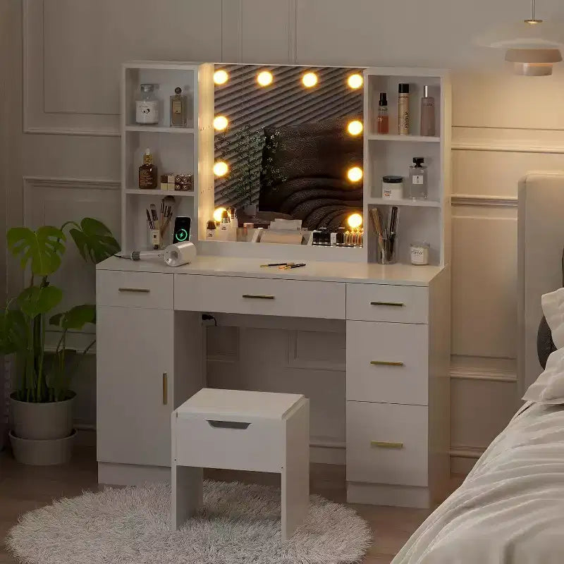 Coiffeuse avec miroir LED, 5 tiroirs coulissants et 6 étagères ouvertes, 3 modes d'éclairage de couleur