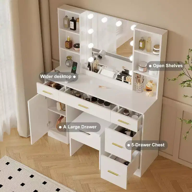 Coiffeuse avec miroir LED, 5 tiroirs coulissants et 6 étagères ouvertes, 3 modes d'éclairage de couleur