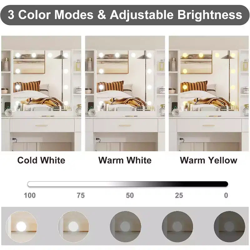 Coiffeuse avec miroir LED, 5 tiroirs coulissants et 6 étagères ouvertes, 3 modes d'éclairage de couleur