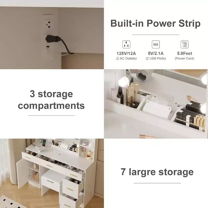 Coiffeuse avec miroir LED, 5 tiroirs coulissants et 6 étagères ouvertes, 3 modes d'éclairage de couleur