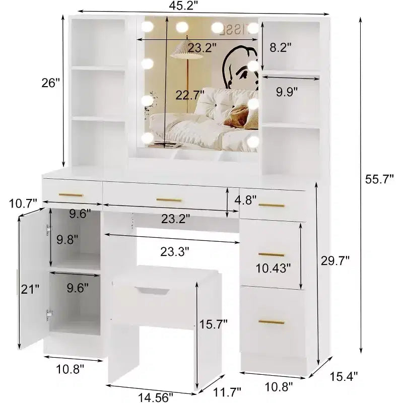 Coiffeuse avec miroir LED, 5 tiroirs coulissants et 6 étagères ouvertes, 3 modes d'éclairage de couleur