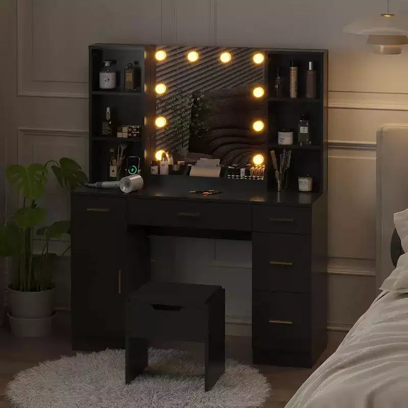 Coiffeuse avec miroir LED, 5 tiroirs coulissants et 6 étagères ouvertes, 3 modes d'éclairage de couleur