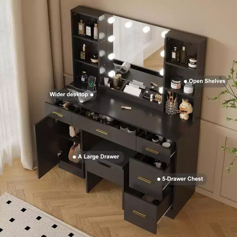 Coiffeuse avec miroir LED, 5 tiroirs coulissants et 6 étagères ouvertes, 3 modes d'éclairage de couleur