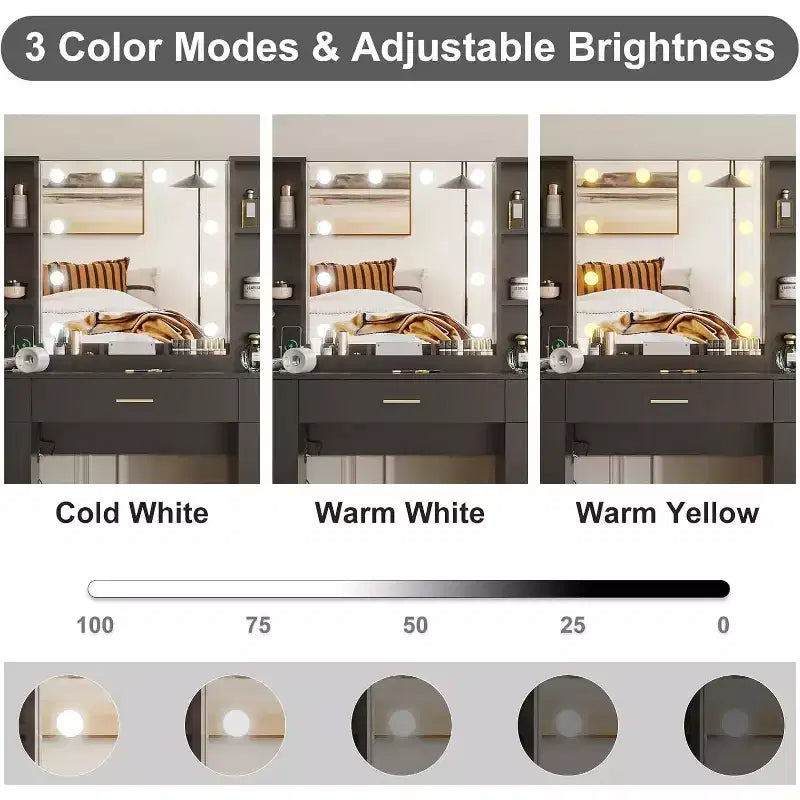 Coiffeuse avec miroir LED, 5 tiroirs coulissants et 6 étagères ouvertes, 3 modes d'éclairage de couleur
