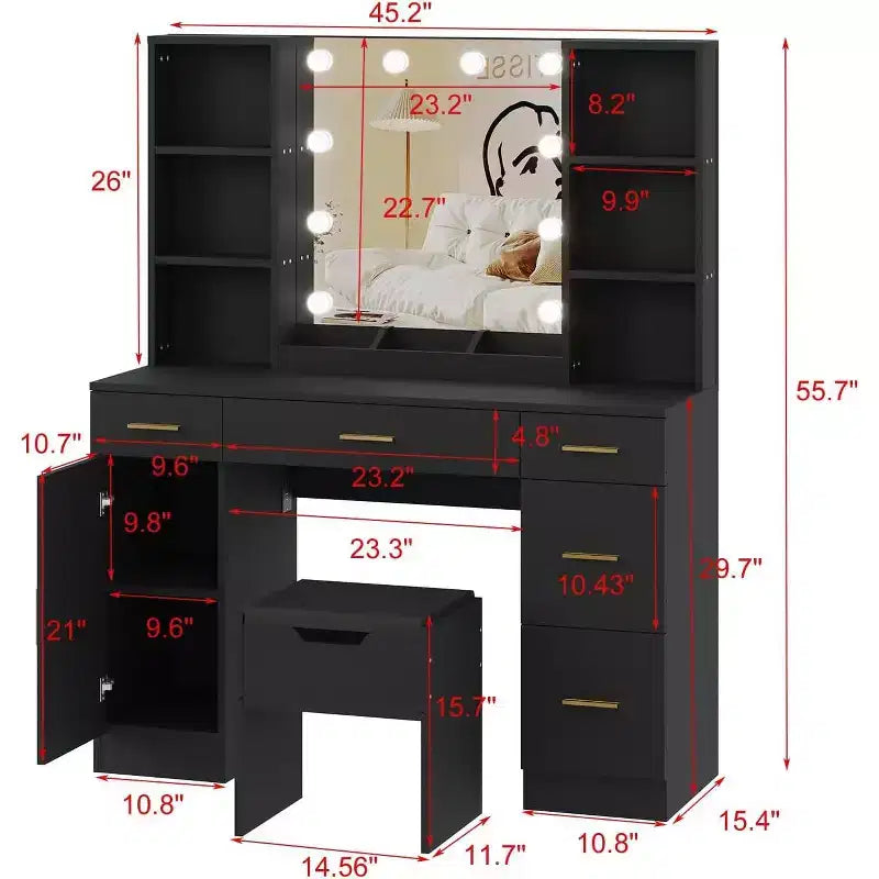 Coiffeuse avec miroir LED, 5 tiroirs coulissants et 6 étagères ouvertes, 3 modes d'éclairage de couleur
