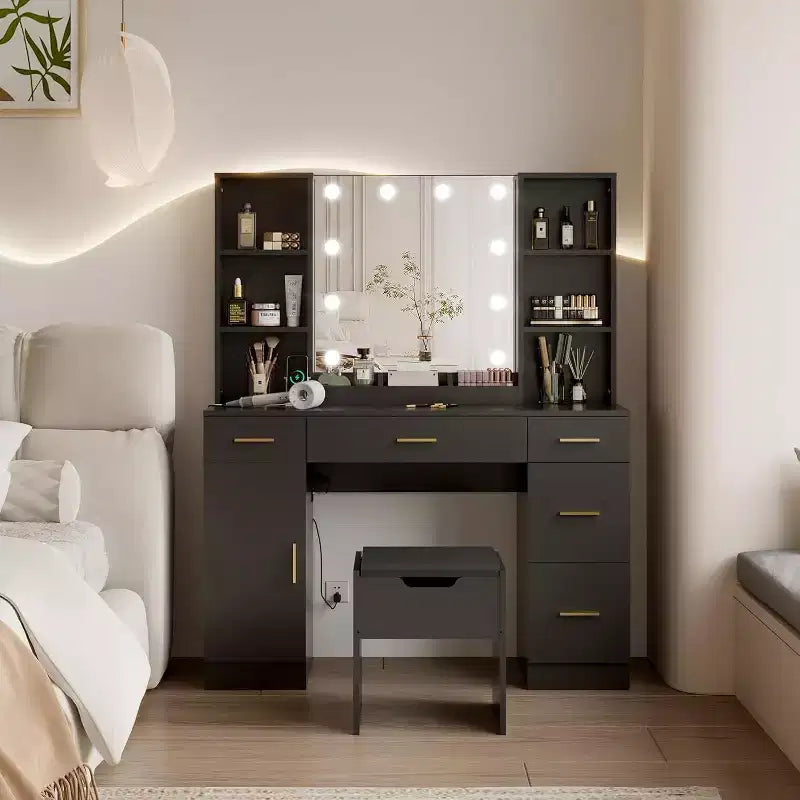 Coiffeuse avec miroir LED, 5 tiroirs coulissants et 6 étagères ouvertes, 3 modes d'éclairage de couleur