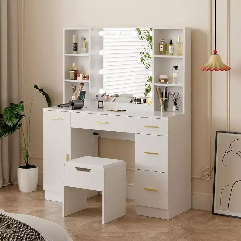 Coiffeuse avec miroir LED, 5 tiroirs coulissants et 6 étagères ouvertes, 3 modes d'éclairage de couleur