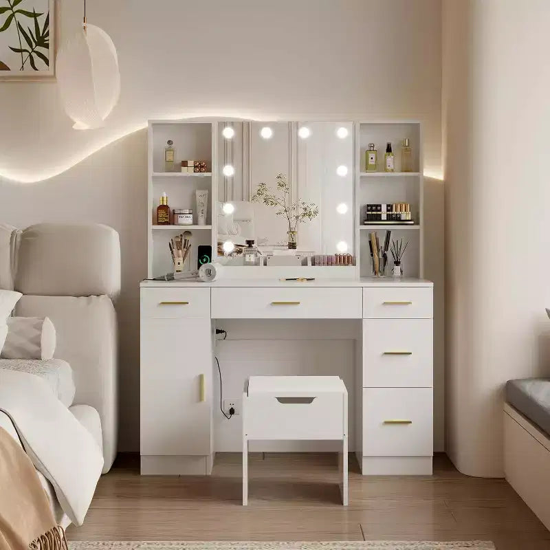 Coiffeuse avec miroir LED, 5 tiroirs coulissants et 6 étagères ouvertes, 3 modes d'éclairage de couleur