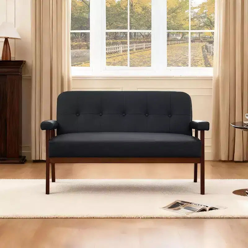 Canapé deux places en similicuir avec accoudoirs en bois, petit canapé moderne du milieu du siècle