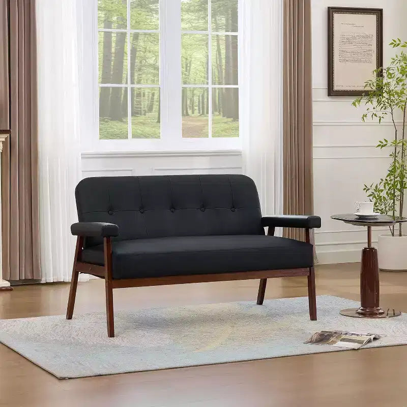 Canapé deux places en similicuir avec accoudoirs en bois, petit canapé moderne du milieu du siècle