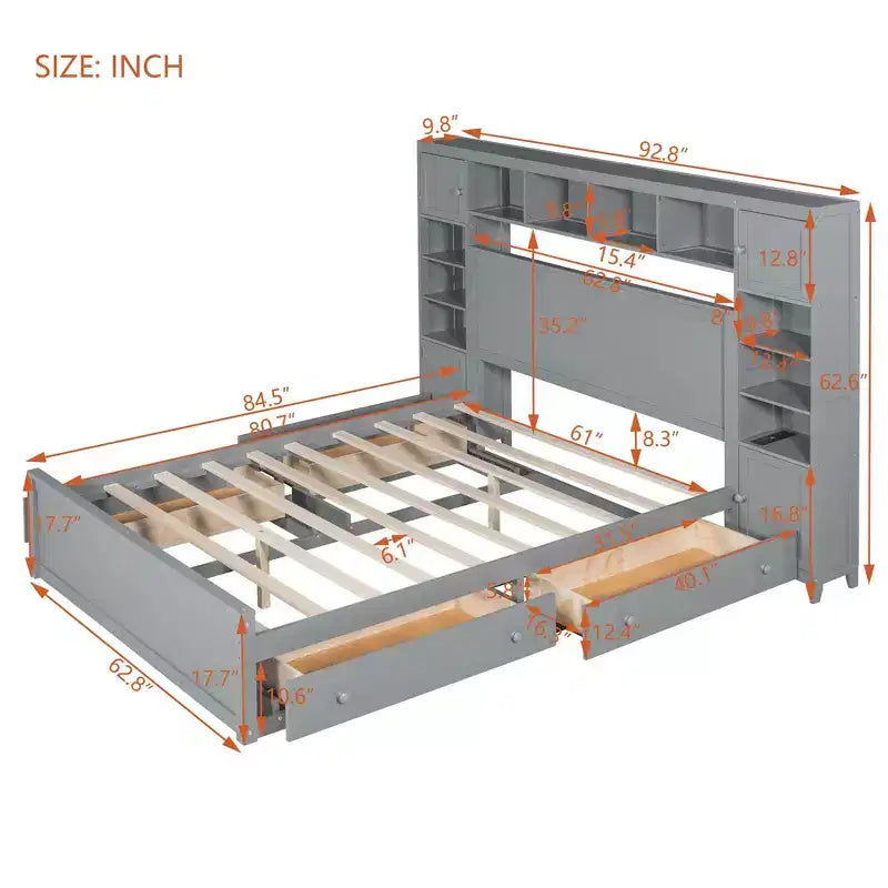 Lit en bois Queen Size avec étagère de rangement tout-en-un et prises de courant gris