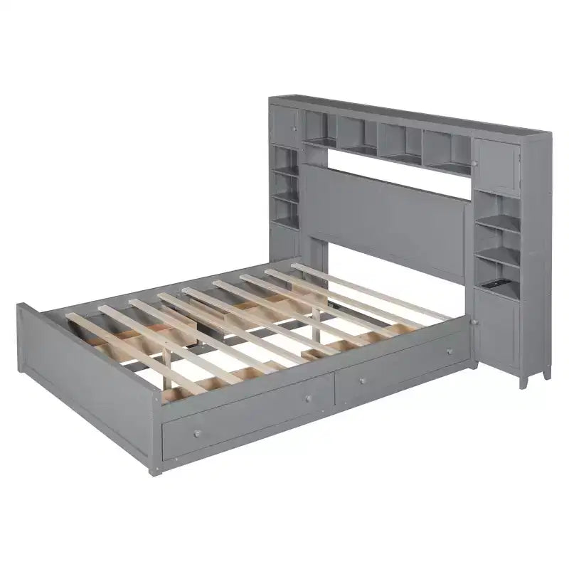 Lit en bois Queen Size avec étagère de rangement tout-en-un et prises de courant gris