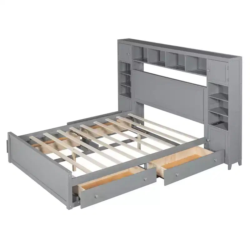 Lit en bois Queen Size avec étagère de rangement tout-en-un et prises de courant gris