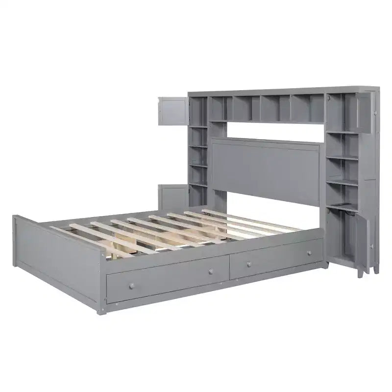 Lit en bois Queen Size avec étagère de rangement tout-en-un et prises de courant gris