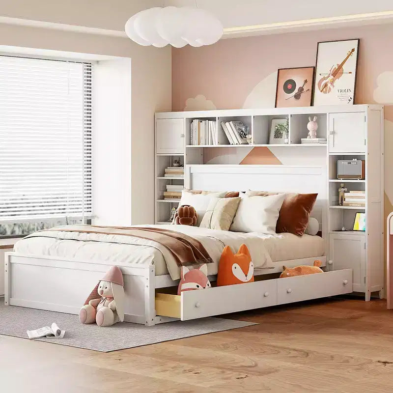 Lit en bois Queen Size avec étagère de rangement tout-en-un et prises de courant gris