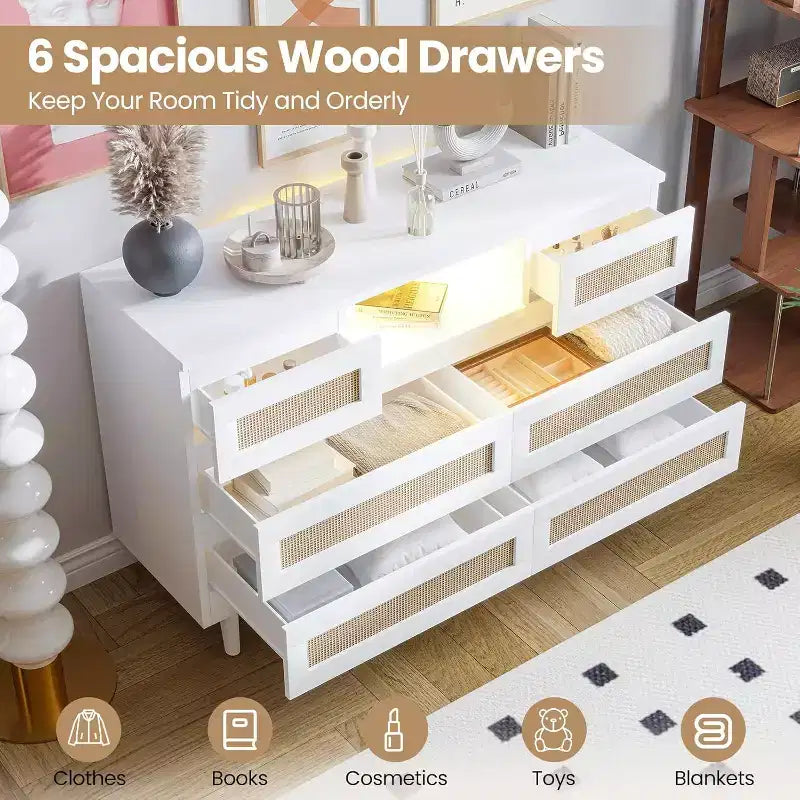 Commode moderne en rotin, commode LED avec station de recharge, commode en bois