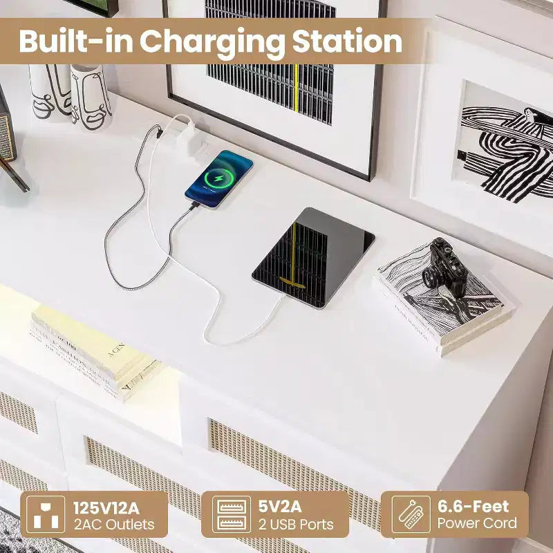 Commode moderne en rotin, commode LED avec station de recharge, commode en bois