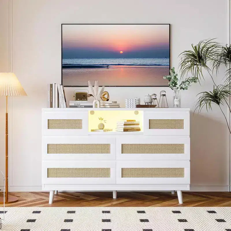 Commode moderne en rotin, commode LED avec station de recharge, commode en bois