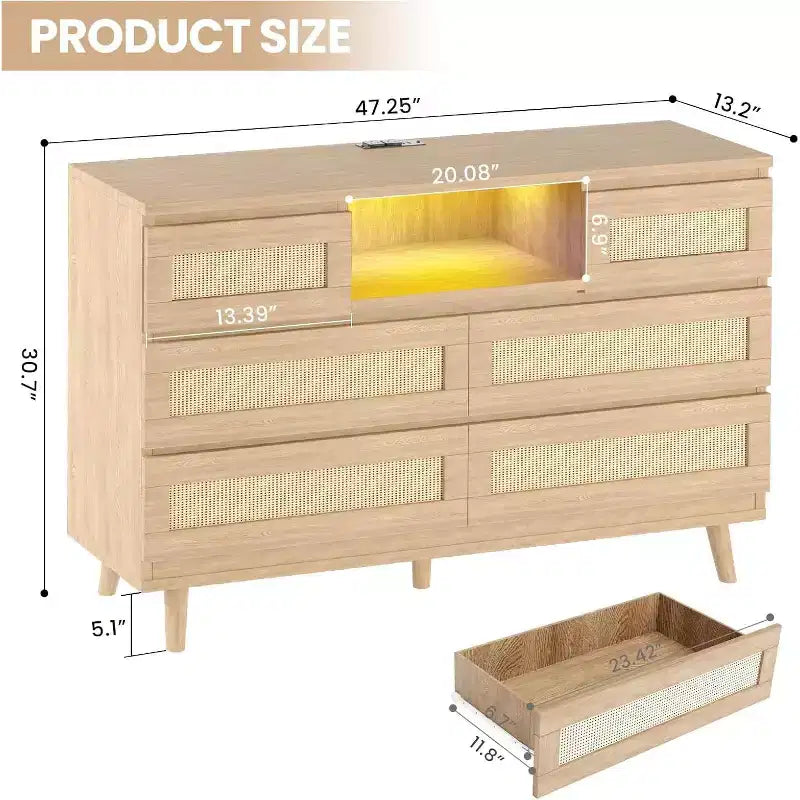 Commode moderne en rotin, commode LED avec station de recharge, commode en bois