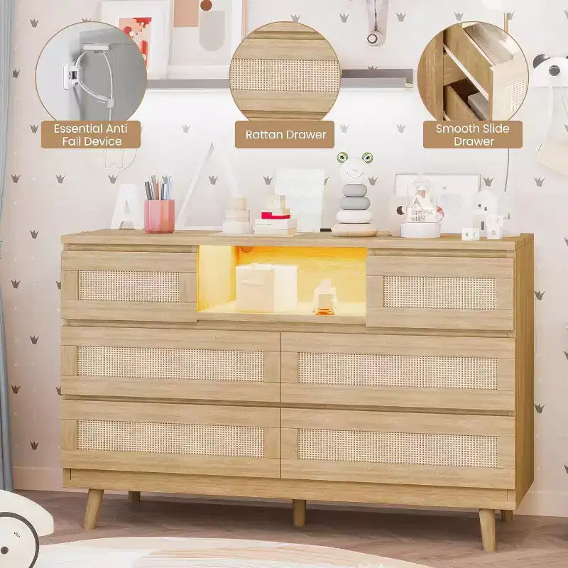 Commode moderne en rotin, commode LED avec station de recharge, commode en bois