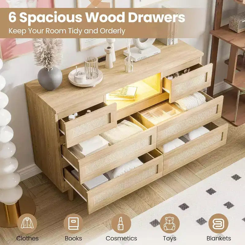 Commode moderne en rotin, commode LED avec station de recharge, commode en bois