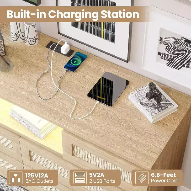 Commode moderne en rotin, commode LED avec station de recharge, commode en bois
